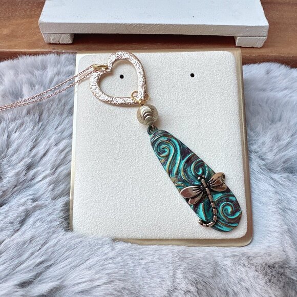 Gold & Patina Dragonfly Heart Pendant Long Necklace - Picture 2 of 5
